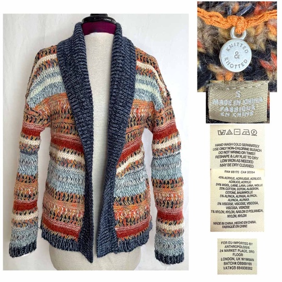 anthropologie KNITTED & KNOTTED Michela Cardigan Intarsia Knit Open Front SMALL - Picture 1 of 10